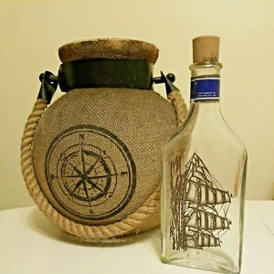 Vintage Nautical Burlap Wrapped Bottle & Clipper Ship on Bottle (L ) - Picture 1 of 12