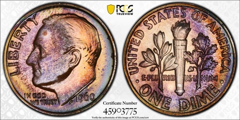 PR66 1960 10C Roosevelt Silver Proof Dime, PCGS Secure- Pretty Purple Toned Cover