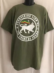 CONQUERING LION TRIBE OF JUDAH RASTA ROOTS KHAKI GREEN T SHIRT EXCLUSIVE DESIGN - Picture 1 of 1