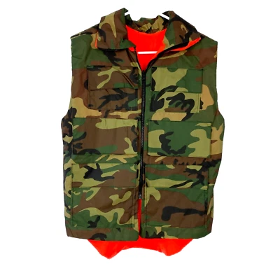 Vintage Blaze Orange Camo Nylon Pockets Full Zip Hunting Ammo Vest Med Large - Image 1 of 4