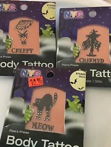 NYC Halloween Tattoos Body Jewels Cat Witch Spider Web Peel Press Temp - Picture 1 of 5