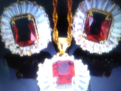 14K YELLOW GOLD CLAD LAB CREATED RUBY DIAMOND EARRINGS NECKLACE SET + BONUS - Image 1 of 4