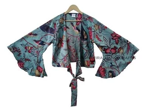 Adjustable Cotton Bell Sleeves Boho Tie Front Peacock Print Hippie Gray Crop Top - Picture 1 of 5