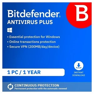 Bitdefender Antivirus Plus 2025 200MB VPN 1 PC Device 1 Year (EMAIL) - Picture 1 of 6