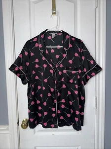 Victoria Secret Mujer L Negro PIJAMA TOP CAMISA Rosa Corazones Satinado - Imagen 1 de 12