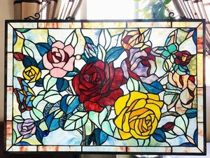Floral Tiffany Style Stained Glass Hanging Window Panel Rose Flower Design - Picture 1 of 2