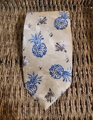 Corbata Tropicals Tango Para Hombre 100% Seda Beige Azul Marrón Costera Hawaiana 3.87 X 58 Foto 1 de 4