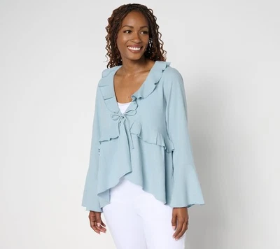 Top suéter Peace Love World para mujer talla S bohemio con volantes 100 % algodón azul A693589 Foto 1 de 4