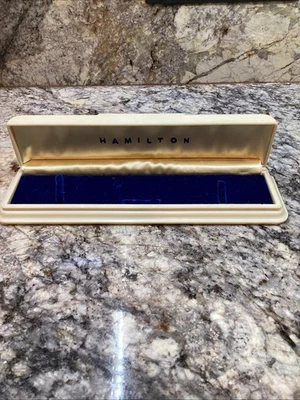 Vintage Hamilton Celluloid Watch Presentation Box Case w Blue Velvet 8 3/8” long - Image 1 of 4