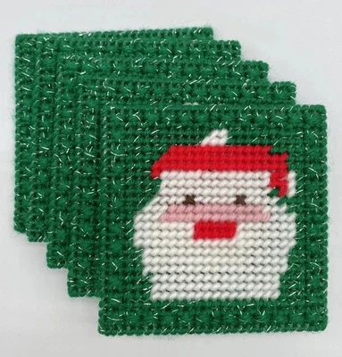 Vintage Christmas Santa Claus Coasters Handmade Yarn Plastic Canvas Needlepoint - Image 1 of 4