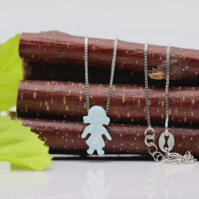 Pingente de pedra opala branca figura menina amuleto de opala colar corrente de prata feito à mão - Imagem 1 de 4