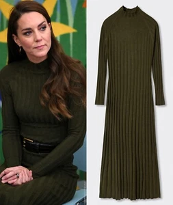 BNWT Mango Perkins Dress Size UK 6-8 US 2-4 Khaki Green Ribbed Knitted Midi ASO - Picture 1 of 18