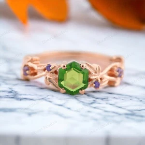 925 Sterling Silver 5MM Hexagon Cut Natural Peridot Ring Amethyst Twig Ring - Picture 1 of 3