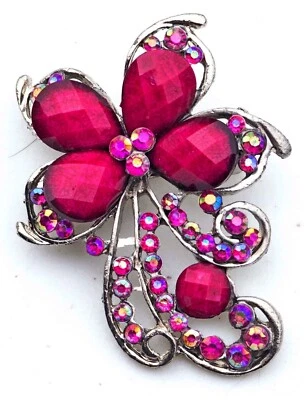 Broche/Pin Rojo/Rosa Cabujón y Cristales Floral Tono Plata Foto 1 de 2