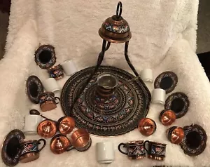 SELTEN handgefertigtes türkisches Kupfer Kaffee Tee Espresso Servierset Tablett für 6 mit Tablett - Bild 1 von 13