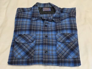 Pendleton VTG Blue Plaid Wool BoardShirt Loop Collar Button-up SZ Large *FLAWS* - Picture 1 of 17