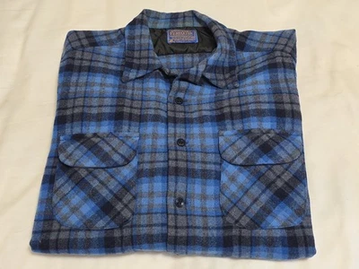Pendleton VTG Blue Plaid Wool BoardShirt Loop Collar Button-up SZ Large *FLAWS* - Image 1 of 4