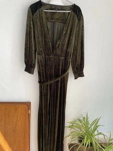 Fat Face Green Velvet Belted Jumpsuit - Size 12L - Picture 1 of 4