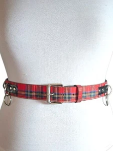 Hot Topic NEW Red Tartan Plaid Over Faux Leather Studded Metal Ring Belt Size 34 - Picture 1 of 9