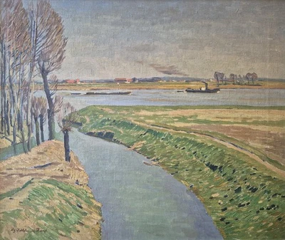 Ölgemälde Rheinufer Düsseldorf Fritz Köhler (1887-1972) Landschaft 63x73cm - Bild 1 von 4