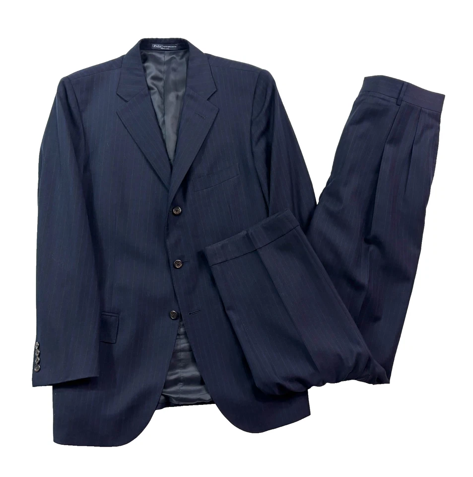 Polo Ralph Lauren 42R 34x30 Navy Blue Stripe 2pc Pant Suit Italy ExtraFine Wool - Image 1 of 4