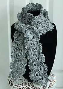 Beautiful Heather Gray Handmade Crochet Queen Anne's Lace Scarf - Picture 1 of 3