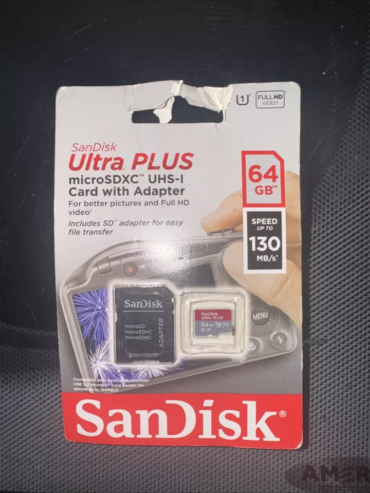 NIB SanDisk Ultra Plus64GB MicroSDXC UHS-I Card w/ Adapter Fast Free Shipping - Image 1 of 1
