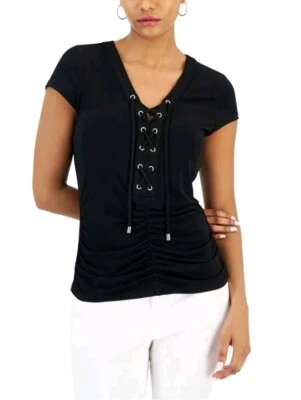 INC Lace Up Cap Sleeve Top XL Black Gold Grommet Ruched Sides Front Stretch Knit - Image 1 of 4