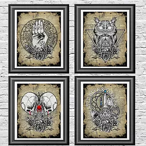 ART PRINT ON ORIGINAL ANTIQUE BOOK PAGES SET OF 4 OCCULT WITCHCRAFT - Picture 1 of 10