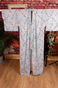 Vintage Kimono petrol Muster Baumwolle Bademantel Morgenrock Robe - Bild 1 von 7