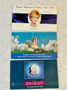 3 monedas conmemorativas de $5 - Elvis Presley, princesa Diana, descubrimiento del transbordador espacial - Imagen 1 de 8