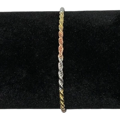Tri-Color Twisted Rope Bracelet - 7” 2.2mm 3.6g - 925 Silver 14K Gold 玫瑰金 — 第 1/4 张图片