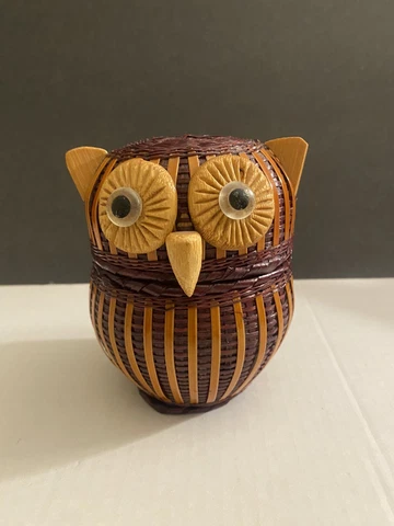 Small Google Eyes Wicker Owl Storage Basket.  Retro Home Decor Cover
