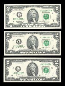 Beautiful Set of $2 Bills 2009 2013 2017 Crisp Gem Uncirculated Set of 3