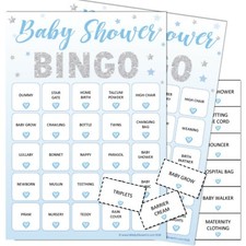 BABY SHOWER BINGO - Fun Party Game, 20 Players Boy Blue Girl Pink Unisex STARS