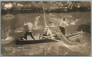 EXAGGERATED FISHING CANADIAN 1910 ANTIQUE REAL PHOTO POSTCARD RPPC - Imagen 1 de 2