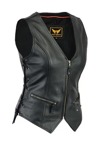 Womens Motorcycle Leather Vest Genuine Cowhide Leather Black Concealed Carry - Picture 1 of 4