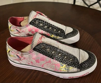 Tênis Ed Hardy de lona cintura baixa glitter pássaros rosa cinza pele de cobra  - Imagem 1 de 4