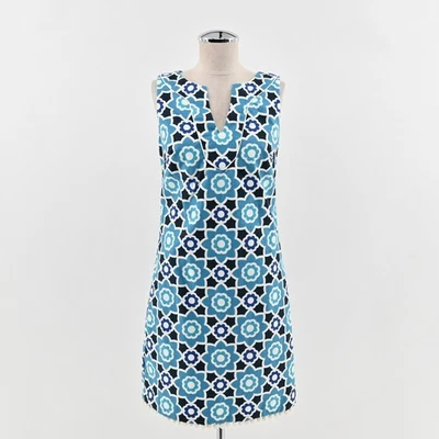 Trina Turk Moroccan Print Shift Dress Size 2 Blue Floral Sleeveless Pom Pom Trim - Image 1 of 4
