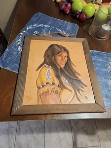 Vintage Native Indian Squaw Painting Leather Tooled Hide Framed 14.75”x13” - Picture 1 of 9