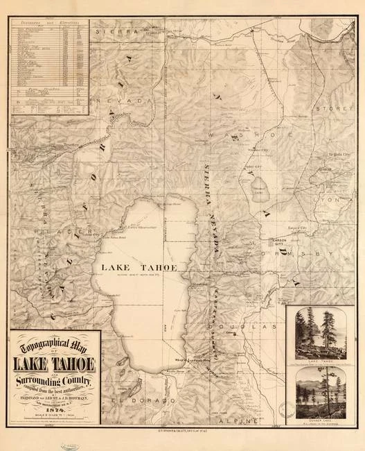 Póster - Impresión de reproducción de mapa vintage de Lake Tahoe California (1874), 4 tamaños Foto 1 de 4