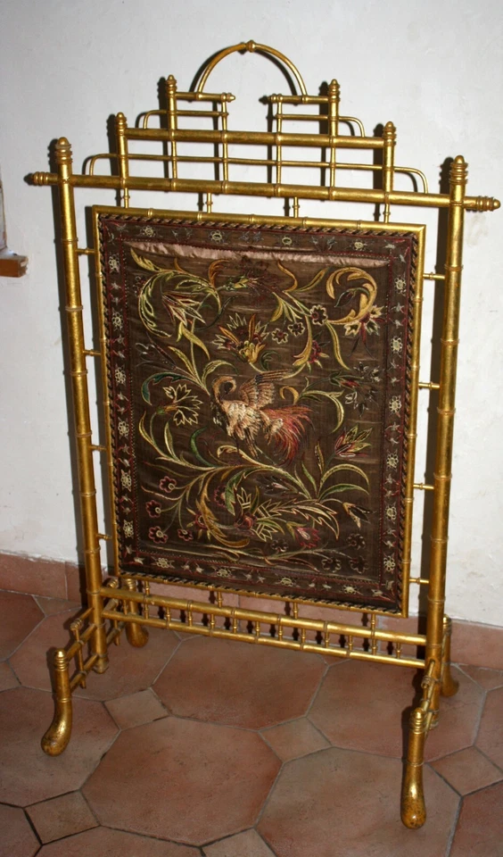 Grand ecran pare feu Napoleon III Broderie Bois doré Bambou XIX ème * - Photo 1/4
