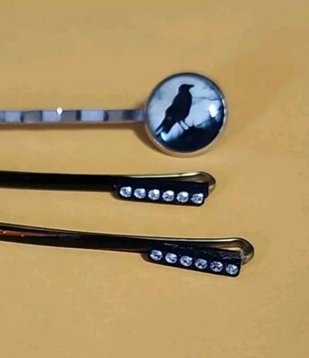 Vintage Bobby Pin Crow Raven Picture Art Rhinestones Lot Of 3 Spooky Retro Goth - Image 1 of 4