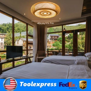 Bamboo Wicker Rattan Ceiling Light Fixture Flush Mount Rustic Ceiling Lamp Home - Picture 1 of 11