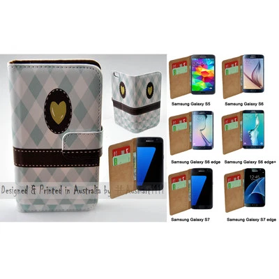 For Samsung Galaxy Series Blue Checker Print Wallet Mobile Phone Case Cover - Image 1 of 3