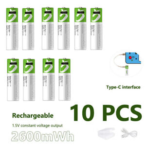 10PCS 2600mWh USB AA 1.5V Fast Charge Li-ion Rechargeable Battery Type C Cable