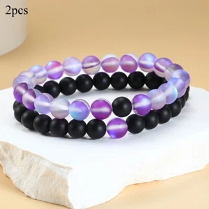 2pcs/set Colorful Moonstone Beaded Bracelets, Unisex Shiny Natural Stone Elastic - Picture 1 of 18