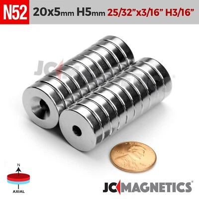 JC-MAGNETICS 20mm x 5mm Hole 5mm Strong N52 Countersunk Ring Rare Earth Neodymium Magnet