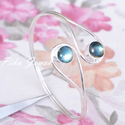 Blue Fire Labradorite Gemstone 925 Sterling Silver Cuff Bangle For Girlfriend - Image 1 of 4