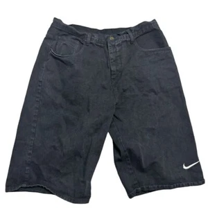 Vintage Nike Size 40 Black Denim Jean Shorts Embroidered Nike Swoosh - Picture 1 of 7